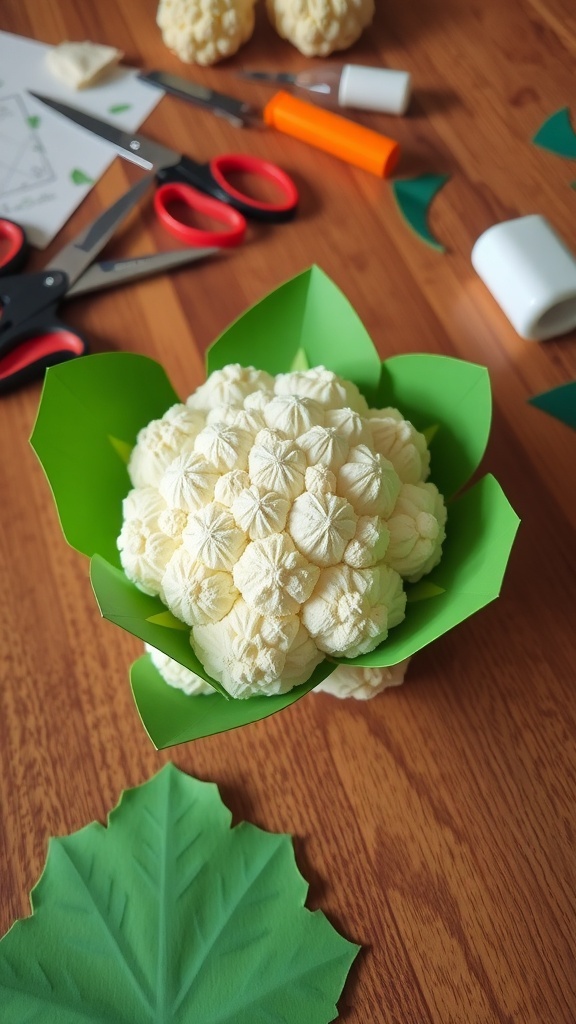 A 3D paper cauliflower craft with detailed florets and green leaves on a crafting table.